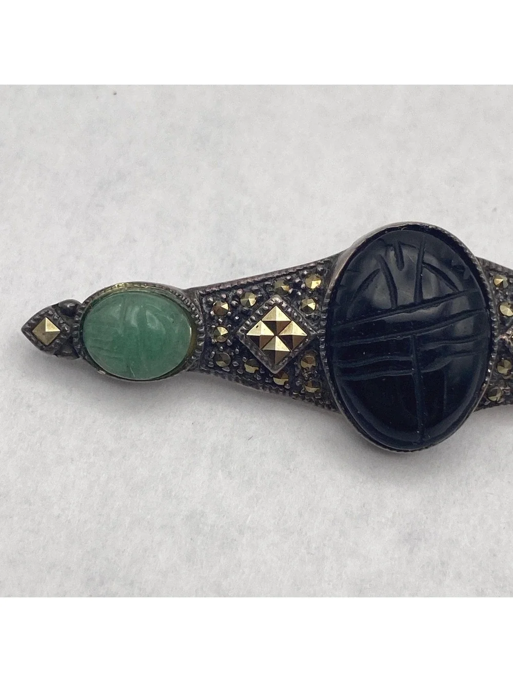 VTG Sterling Silver Multi Stone Carved Scarab Brooch, Egyptian Revival Brooch.